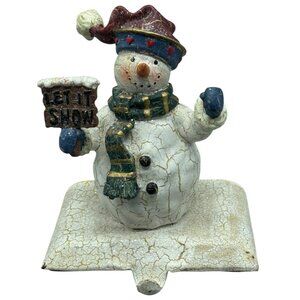 Vintage Snowman Stocking Hanger "Let It Snow" With Top Hat & Scarf Crackle READ